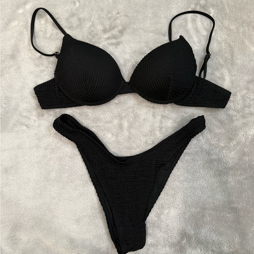 Black Textured Bikini Set - Women Swim